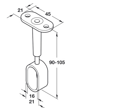 Rail Centre Support, Height Adjustable, for use with Oval Wardrobe Rails 15 mm Wide